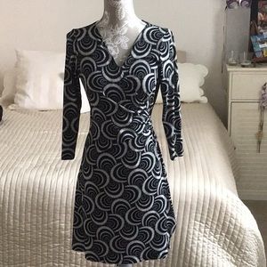 Wrap dress, black and white graphic design.